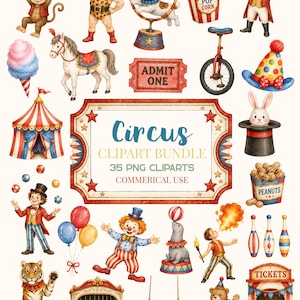 Op de afbeelding: Een digitale collectie van circus-thema aquarelillustraties met een aap, krachtpatser, hond, popcorn, circusdirecteur, paard, ticket, eenwieler, hoed, tent, konijn, pinda's, jongleur, ballonnen, clown, zeehond, vuurspuwer, tijger, leeuw, trapezeartiest, beer en kraam.