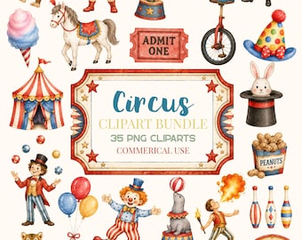 Circus Clipart Bundle, Circus Carnival Watercolor Clipart, Circus Animals PNG, Circus Birthday Clipart, Commercial Use