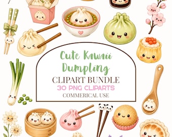 Cute Kawaii Dumpling Clipart Bundle, Watercolor Dim Sum PNG, Squishy Dumpling Clipart, Asian Food Clipart, Commercial Use