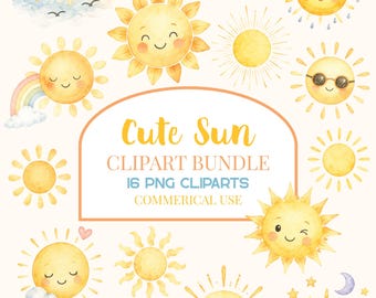 Cute Sun Clipart Bundle, Watercolor Sun PNG, Baby Shower Nursery Clipart, Smiling Sunshine Clipart, Commercial Use