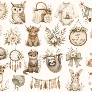 May include: A collection of watercolor illustrations featuring a baby owl, a wicker basket, a baby bodysuit with a bear, bunting, a bonnet, a highland cow, cotton sprigs, a sign reading little ADVENTURER, a wolf, dreamcatcher, otter, sloth, deer, bow, and rabbit.