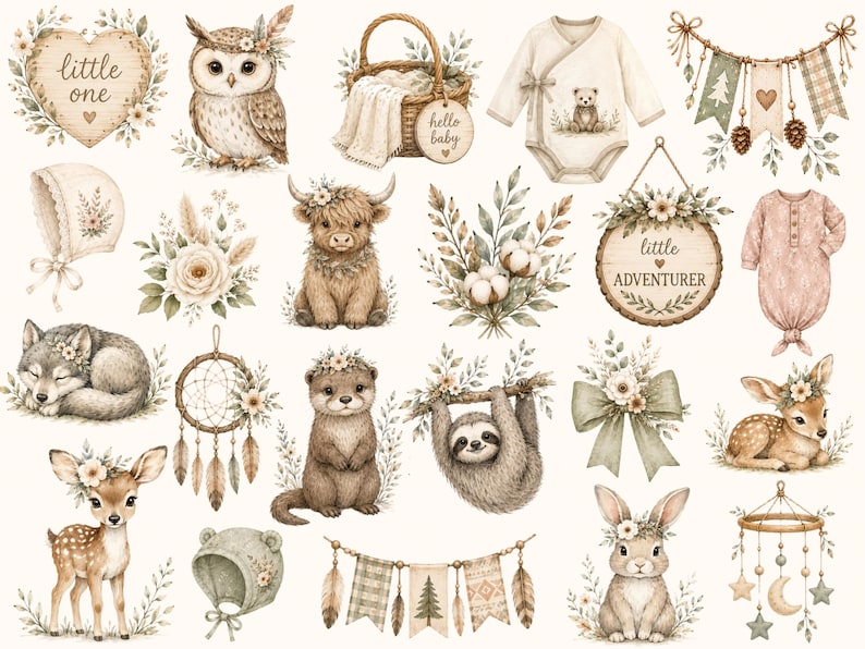 May include: A collection of watercolor illustrations featuring a baby owl, a wicker basket, a baby bodysuit with a bear, bunting, a bonnet, a highland cow, cotton sprigs, a sign reading little ADVENTURER, a wolf, dreamcatcher, otter, sloth, deer, bow, and rabbit.