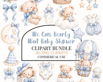 We Can Bearly Wait Baby Shower Clipart Bundle, Blue Teddy Bear PNG, Bear Baby Shower Graphics, Nursery Clipart, Commercial Use