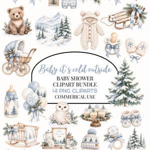 Könnte beinhalten: Ein digitales Clipart-Set mit winterlichen Baby-Motiven, darunter ein Bär, ein Schlitten, Babykleidung, ein Schnuller, Fäustlinge, ein Kinderwagen, Luftballons, eine Eule, Cupcakes, Babyschuhe, eine Mütze, eine Rassel, Geschenke und eine Laterne.