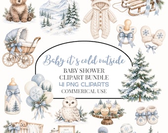 Baby It’s Cold Outside Baby Shower Clipart Bundle, Watercolor Christmas Baby Shower PNG, Holiday Baby Clipart, Commercial Use