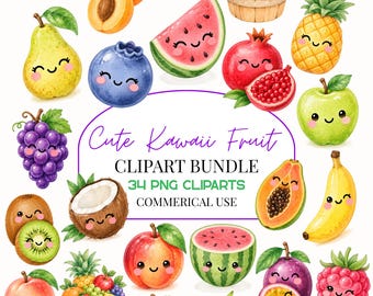 Paquete de imágenes prediseñadas de frutas kawaii adorables, frutas en acuarela PNG, imágenes prediseñadas de comida de verano, gráficos de cesta de frutas, uso comercial.