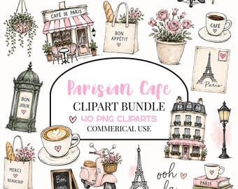 Café de Paris Clipart Bundle, Watercolor French Cafe PNG, French Coffee Clipart, Bakery Clipart Commercial Use