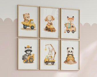 Construction Nursery Gallery Wall Set, Construction Animals Excavator Nursery Prints, Baby Boy Room Decor