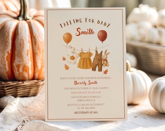 Editable Fall In Love Fall Baby Shower Invitation, Rustic Baby Clothes line Baby Shower Invite, Fall Baby Shower