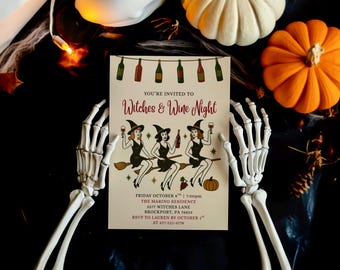 Retro Halloween Party Invitation, Witches & Wine Night Invitation, Vintage Halloween Girls Night Invite, Witches Night Out