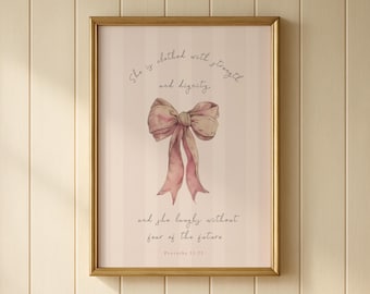 Christian Nursery Proverbs Scripture Wall Decor, Vintage Baby Girl Pink Bow Nursery Print, Kids Room Bible Verse Art