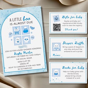 A Little Boo Is Almost Due Baby Shower Invitation Bundle, Baby Boy Halloween Baby Shower, Blue Stamps Printable Baby Shower Invite
