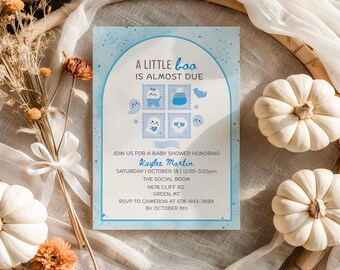 Invitation modifiable « Un petit bébé arrive bientôt », invitation pour une baby shower garçon bleu, invitation pour une baby shower sur le thème des fantômes