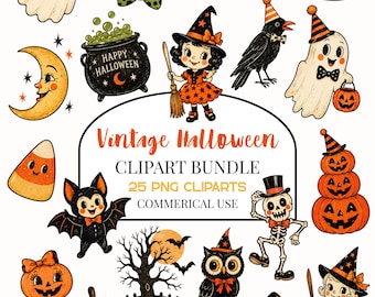 Vintage Halloween Clipart Bundle, Nostalgic Watercolor Halloween Clipart, Classic Halloween PNG Bundle, Retro Spooky Clipart, Commercial Use