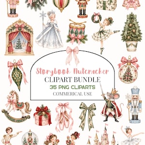 Puede incluir: Una colección digital de ilustraciones navideñas que incluye cascanueces, bailarinas, un rey ratón, un caballito de madera, un castillo y adornos. El texto central dice Storybook Nutcracker CLIPART BUNDLE 35 PNG CLIPARTS.