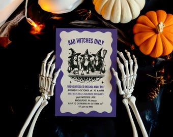 Bad Witches Only Halloween Invitation, Purple Vintage Witch Party Invite, Halloween Cocktail Party