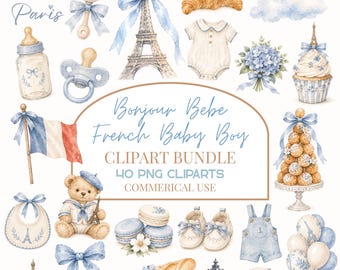French Baby Boy Clipart Bundle, Watercolor Parisian Nursery PNG, French Watercolor Clipart, Cafe Bebe Clipart, Commercial Use