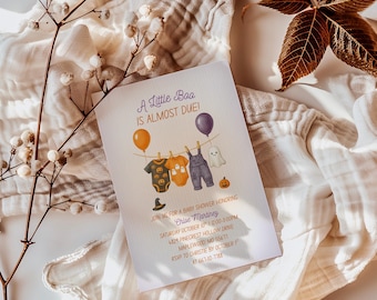 A Little Boo Is Almost Due Baby Shower Invitation, Girl Boho Clothes Baby Shower Invite, Editable Halloween Baby Shower Invitation