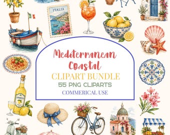 Mediterranean Coastal Clipart Bundle, Watercolor Italian Summer PNG, Lemon Clipart, Amalfi Coast, Commercial Use