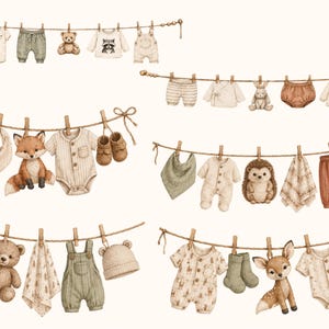 May include: A collection of watercolor illustrations featuring baby clothing, plush animals, and accessories hanging on twine clotheslines with wooden clips. Items include onesies, overalls, pants, bibs, hats, socks, and stuffed bears, foxes, and hedgehogs.