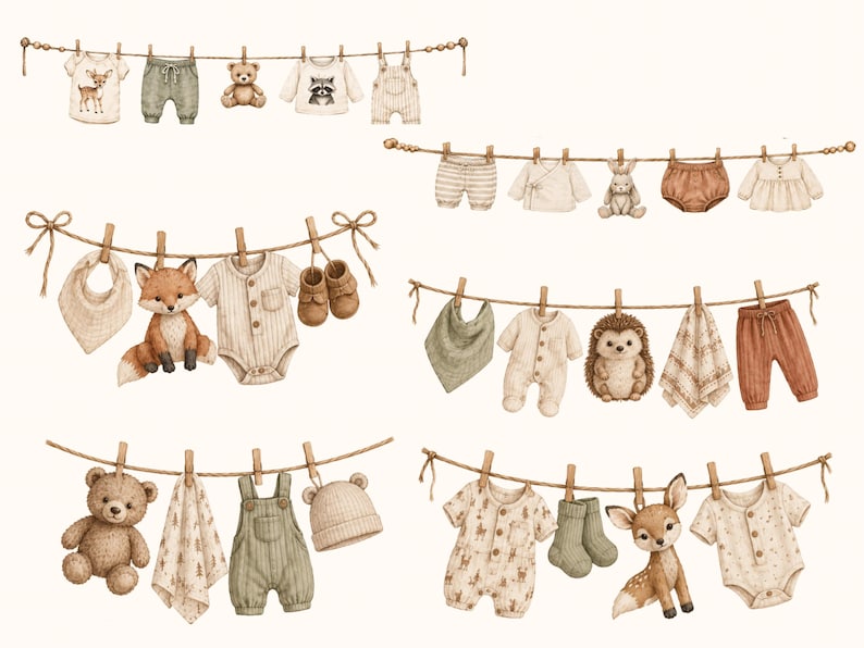 May include: A collection of watercolor illustrations featuring baby clothing, plush animals, and accessories hanging on twine clotheslines with wooden clips. Items include onesies, overalls, pants, bibs, hats, socks, and stuffed bears, foxes, and hedgehogs.