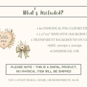 May include: A digital product listing featuring a heart-shaped wooden plaque with the text 'little one' surrounded by floral elements, a sage green bow, and a list of contents including 60 PNG clipart files and 3 12"x12" repeating backgrounds.