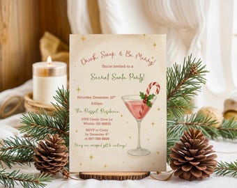 Holiday Gift Exchange Party Invitation Template, Christmas Pepermint Martini Cocktail Party Invite, Vintage Secret Santa Party Invite