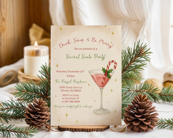 Holiday Gift Exchange Party Invitation Template, Christmas Pepermint Martini Cocktail Party Invite, Vintage Secret Santa Party Invite