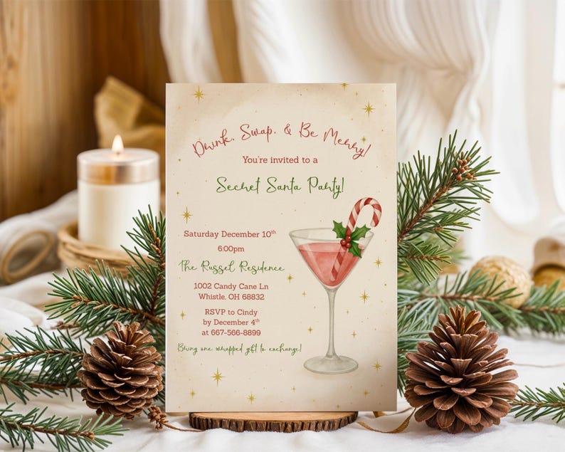 May include: A festive invitation for a Secret Santa party. The card features a watercolor illustration of a pink cocktail with a candy cane and holly. Text includes "Drink, Swap, & Be Merry!" and party details.