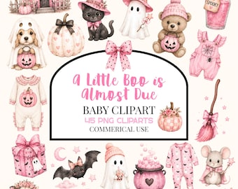 A Little Boo is Almost Due Clipart Bundle, Watercolor Halloween Baby Shower Clipart, Spooky Pink Nursery PNG, Commercial Use