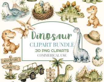 Dinosaur Clipart Bundle, Baby Dinosaur Watercolor Clipart, Safari Baby Shower PNG, Dino Nursery Clipart, Commercial Use