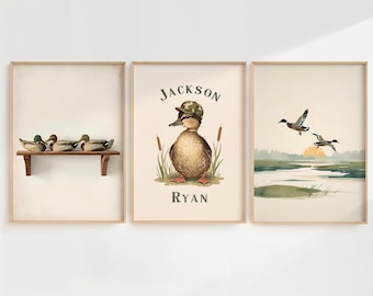 Vintage Duck Hunting Nursery Gallery Wall Prints, Custom Rustic Nursery Name Sign, Boy Hunting Decor, Farmhouse Nursery Art