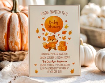 Fall Baby Shower Invitation Template, Fall Woodland Fox Animal Baby Shower Invite, Rustic Autumn Baby Shower