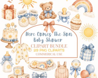 Watercolor Here Comes the Son Clipart Bundle, Sun Baby Shower PNG, Sunshine Baby Shower Graphics, Nursery Clipart, Commercial Use