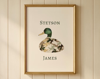 Vintage Camo Entenjagd Kinderzimmer Wand Kunst Druck, Benutzerdefinierte Rustikale Kinderzimmer Namensschild Jungen Jagd Dekor Bauernhaus Kinderzimmer Kunst