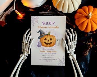 May include: Halloween-themed invitation with a carved pumpkin wearing a witch hat, two ghosts, and the text "B.Y.O.P. Bring your own pumpkin!" The invitation is surrounded by skeleton hands, pumpkins, and spiderwebs.