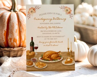 Friendsgiving Dinner Invitation, Editable Friendsgiving Potluck Invite, Autumn Thanksgiving Party Invite