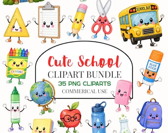 Cute School Clipart Bundle, Watercolor Back To School PNG, Kids School Clipart, School Supplies Clipart, Commercial Use