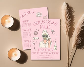 Pink Girls Gone Mild Bachelorette Invitation Template Bundle, Bachelorette Itinerary Invite, Spa Weekend Invite