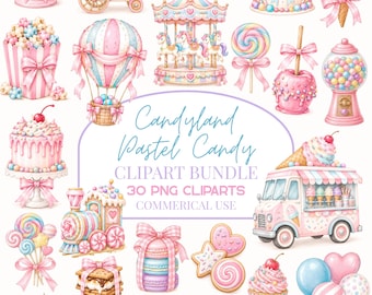 Candyland Pastel Candy Clipart Bundle, Sweet Treats PNG, Whimsical Desserts Clipart Set, Cute Kawaii Graphics, Commercial Use