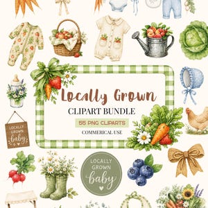 Könnte beinhalten: Ein digitales Clipart-Paket mit Aquarellillustrationen von Babykleidung, Garten-Gemüse, Obst und landwirtschaftlichen Gegenständen. Der zentrale grün-karierte Rahmen zeigt den Text Locally Grown CLIPART BUNDLE 55 PNG CLIPARTS COMMERICAL USE.