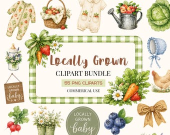 Locally Grown Baby Shower Clipart Bundle, Watercolor Farmers Market PNG, Little Sprout Clipart Set, Local Produce Clipart, Commercial Use