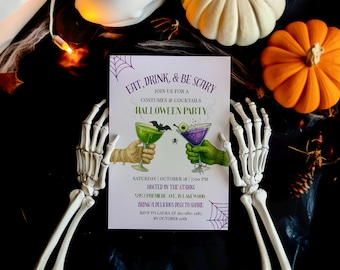 May include: A rectangular Halloween party invitation card featuring the text Eat, Drink, & Be Scary, Costumes & Cocktails, and event details. The design shows a mummy hand holding a green cocktail and a green monster hand holding a purple cocktail.