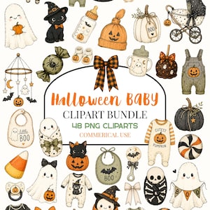Puede incluir: Un paquete de imágenes prediseñadas digitales de bebé para Halloween con 48 ilustraciones individuales que incluyen fantasmas, calabazas, gatos negros, ropa de bebé, chupetes, sonajeros y dulces. El texto central dice Halloween Baby Clipart Bundle.