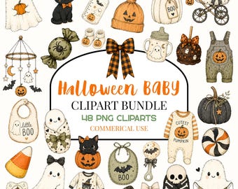 Halloween-Clipart-Bundle für Babys, Aquarell-PNG-Clipart für Babypartys mit Halloween-Motiven, gruselig-süße Clipart für Kinderzimmer, kommerzielle Nutzung