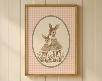 Vintage Deer Baby Girl Nursery Art Print, Mother Deer And Fawn Nursery Decor, Woodland Animal Wall Art
