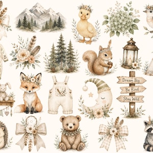 Boho Woodland Animal Baby Shower Clipart Bundle, Watercolor Forest Animals PNG, Green Baby Shower Clipart, Commercial Use image 5