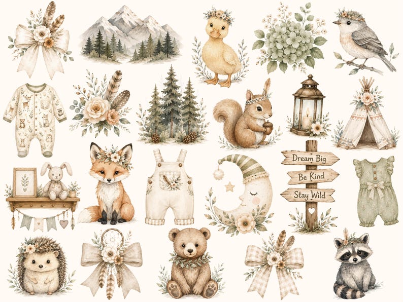 Boho Woodland Animal Baby Shower Clipart Bundle, Watercolor Forest Animals PNG, Green Baby Shower Clipart, Commercial Use image 5