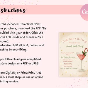 May include: A pink and gold Secret Santa party invitation with a cocktail illustration. The invitation includes event details and instructions for customizing the template using Canva. The text reads "Drink Swap & Be Merry!"