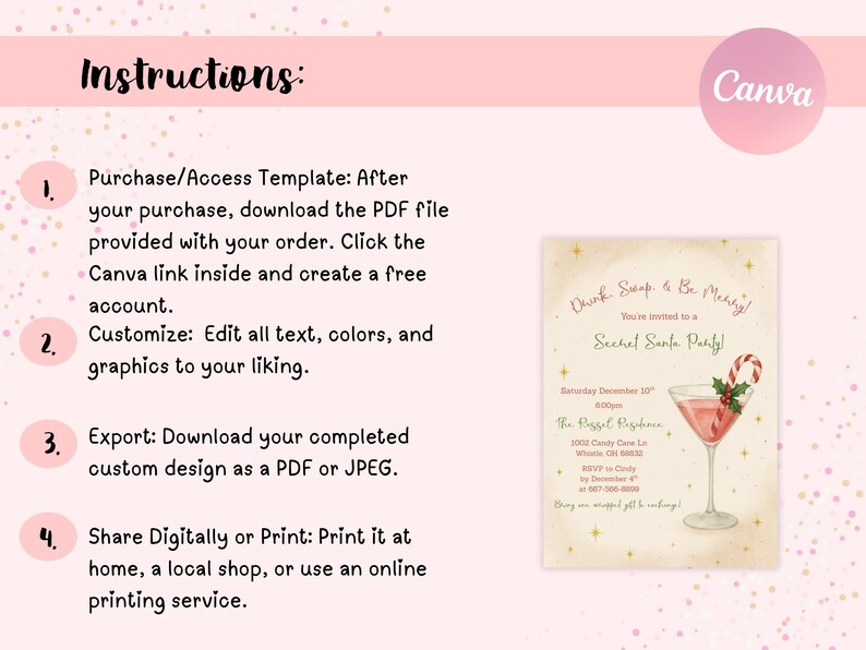 May include: A pink and gold Secret Santa party invitation with a cocktail illustration. The invitation includes event details and instructions for customizing the template using Canva. The text reads "Drink Swap & Be Merry!"